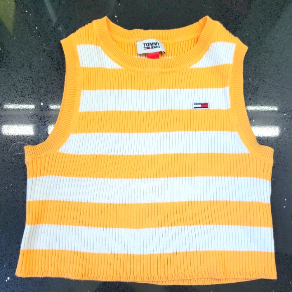 Preppy striped sweater tank top from Tommy Jeans.